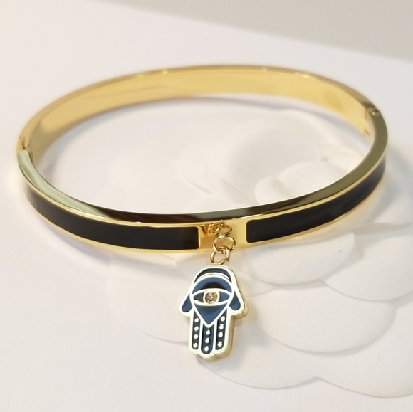 Black Enamel Hamsa 18K Gold Plated Bracelet Bangle - Picture 2 of 5
